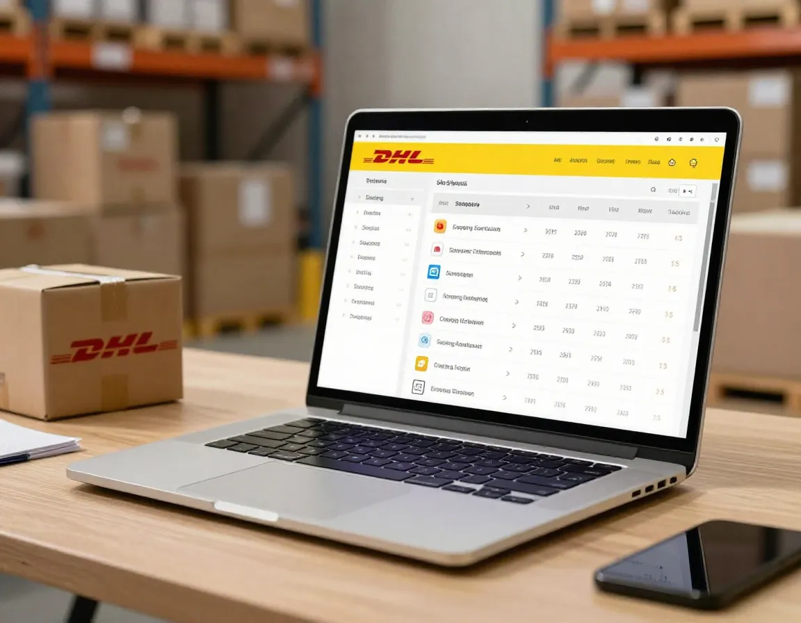 Modern laptop on a logistics desk displaying shipping automation dashboard with DHL integration, packages and shipping labels visible in background, warehouse atmosphere, professional lighting, 16:11 aspect ratio, photorealistic