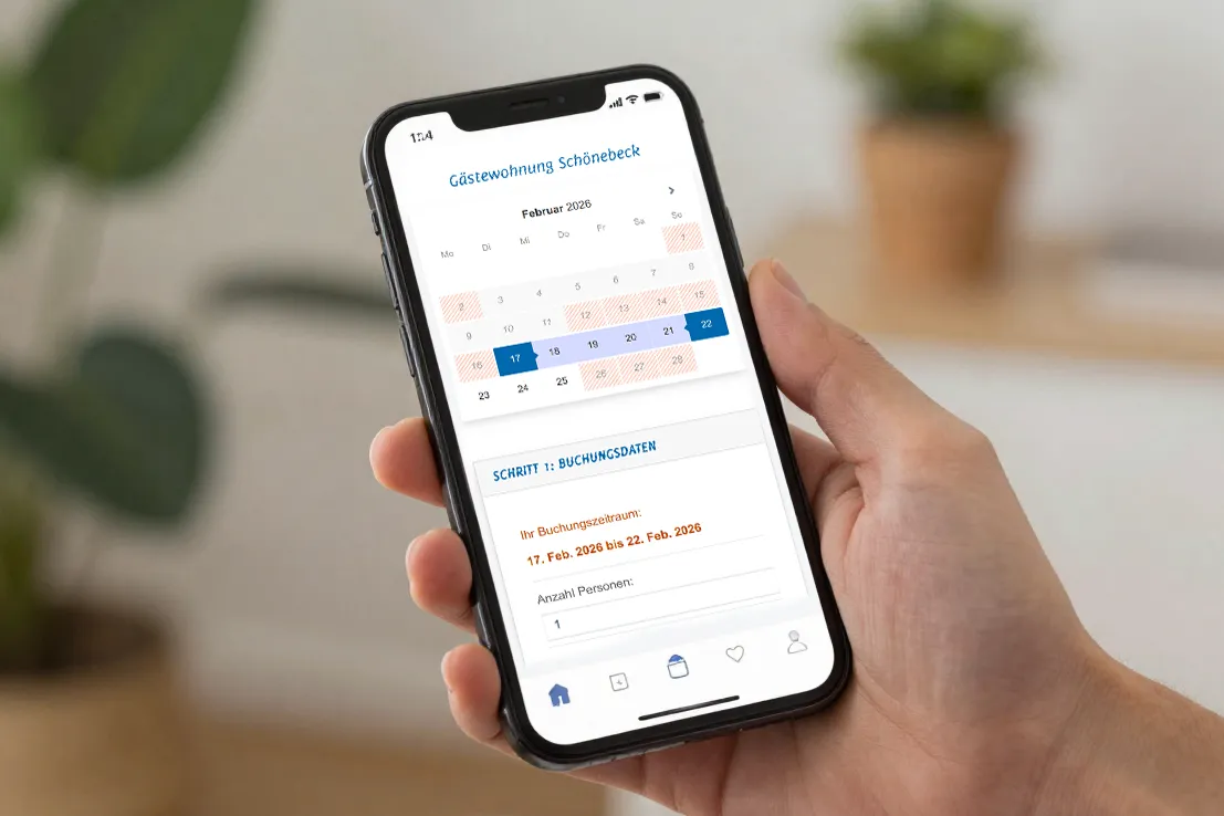 Laptop on wooden desk displaying modern booking form interface for guest apartments with calendar date picker and availability check, cozy home office setting with plants, user-friendly design, 16:11 aspect ratio, photorealistic