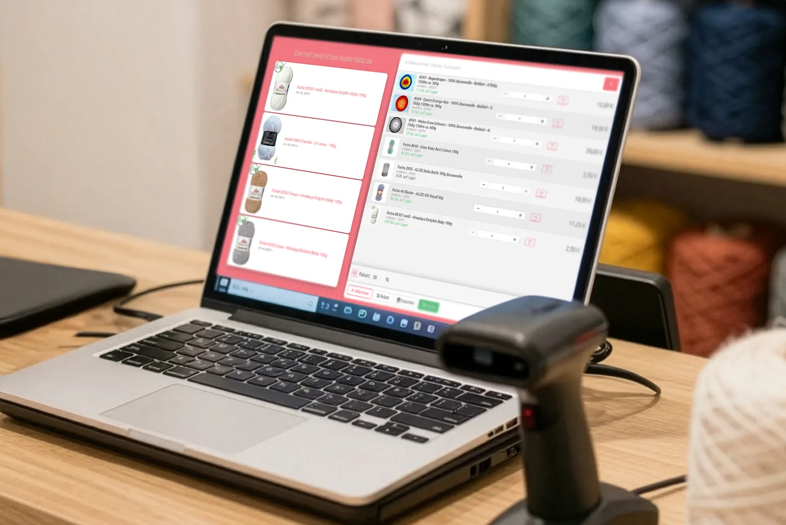 Modern POS system on store counter with tablet display showing checkout interface, barcode scanner, yarn products visible in cozy retail store background, customer service atmosphere, 16:11 aspect ratio, photorealistic