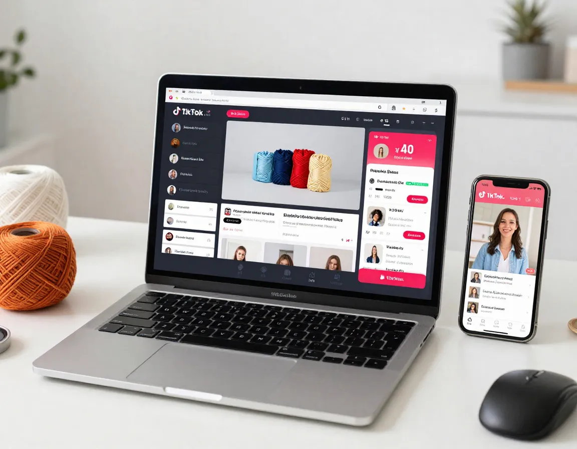 Modern laptop displaying TikTok live shopping management interface with chat overlay and product management, smartphone showing live stream next to it, yarn products arranged aesthetically, content creator workspace vibe, 16:11 aspect ratio, photorealistic